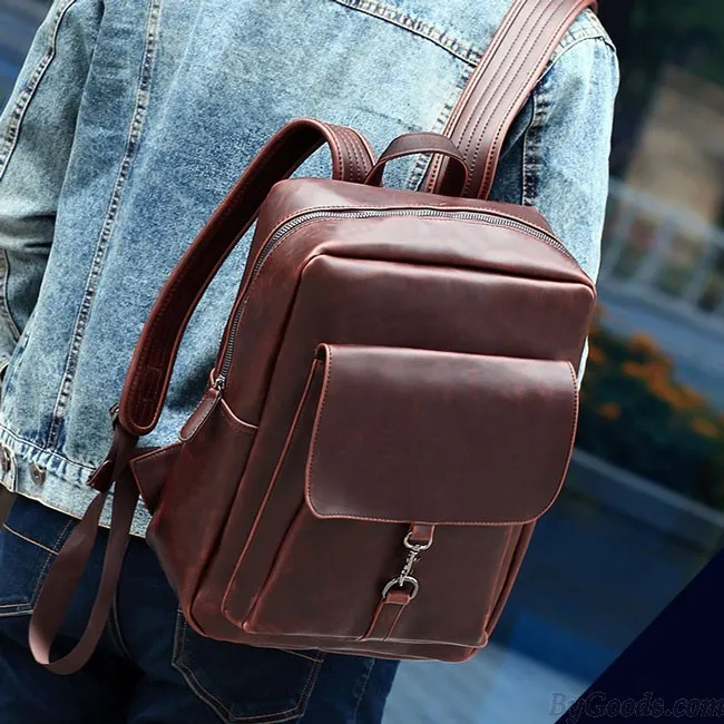 Retro Large Flap Metal Lock Belt Square Men's Brown Strap School Backpack