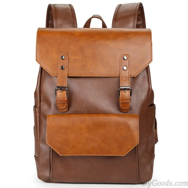 Retro Large Flap Metal Lock Belt Square Men's Brown Strap School Backpack