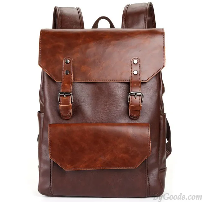Retro Large Flap Metal Lock Belt Square Men's Brown Strap School Backpack