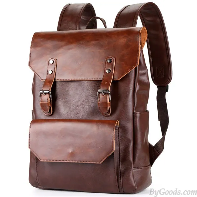 Retro Large Flap Metal Lock Belt Square Men's Brown Strap School Backpack
