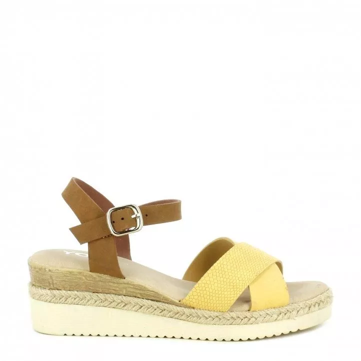 Sandalias cuña You Too amarilla y marrón con media suela de esparto tira con hebilla