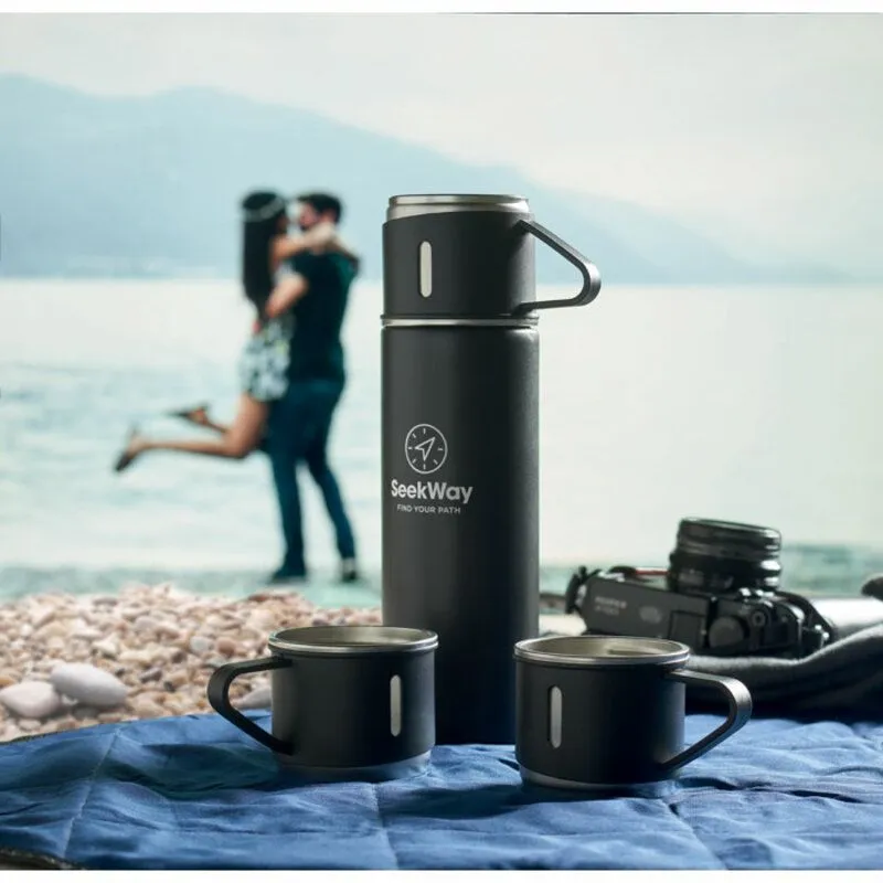 Set de botella 450 ml. y tazas de acero inox. Sharm
