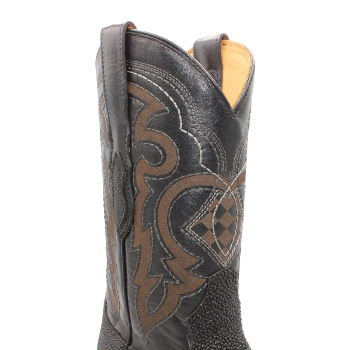 SINGLE STONE STINGRAY PRINT SQUARE TOE BOOTS  BLACK