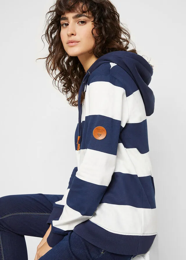 SUDADERA DE ALGODóN ORGáNICO CON CAPUCHA AZUL MARINOBLANCO LANA DE RAYAS