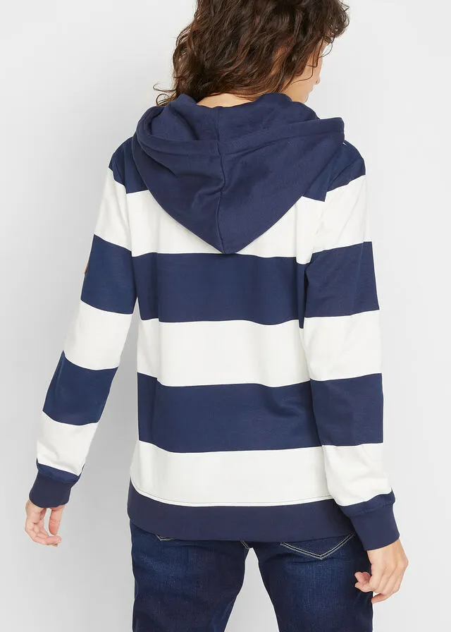 SUDADERA DE ALGODóN ORGáNICO CON CAPUCHA AZUL MARINOBLANCO LANA DE RAYAS
