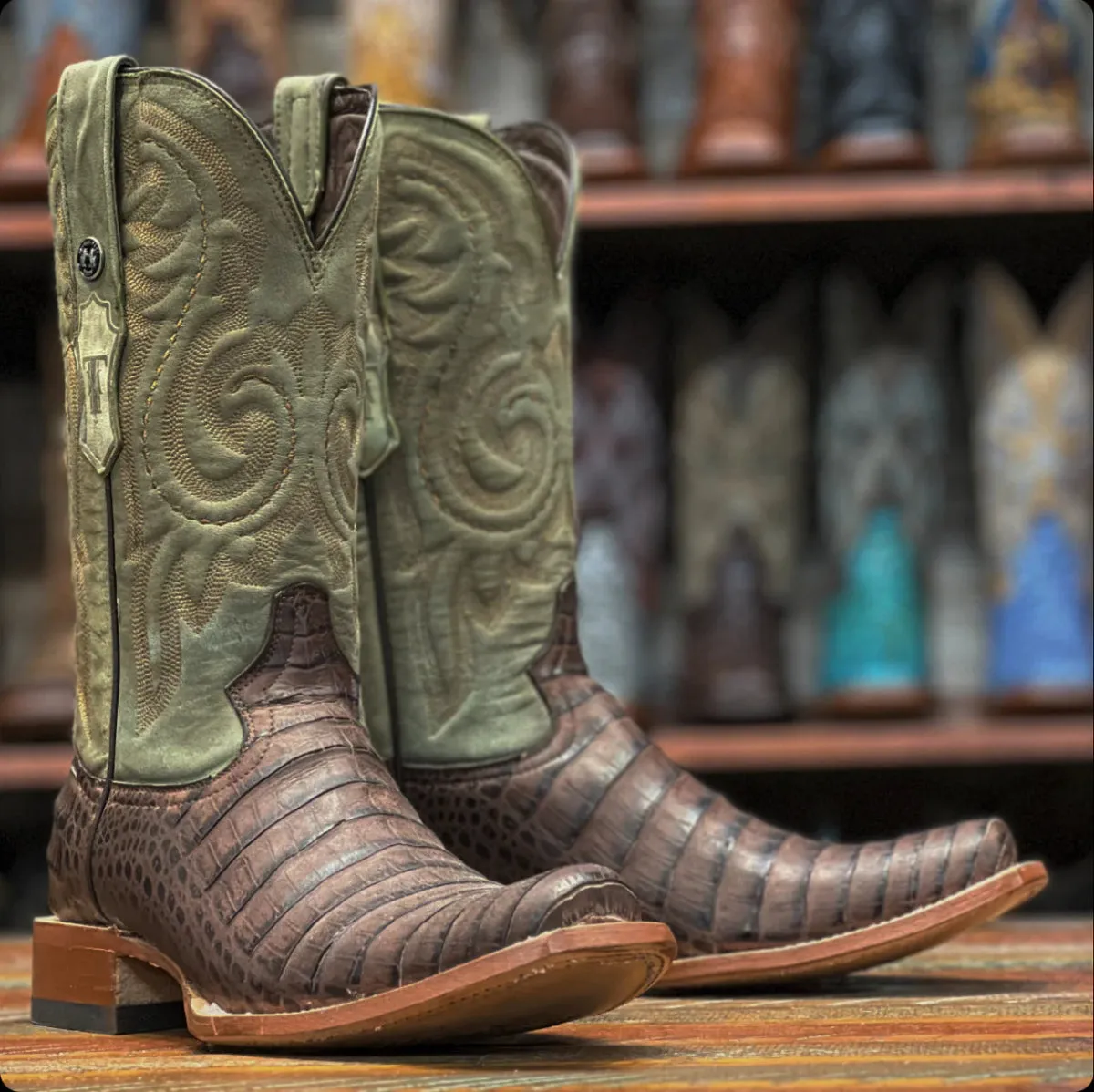 Tanner Mark Men's Print Caiman Belly Square Toe Boots Nicotine