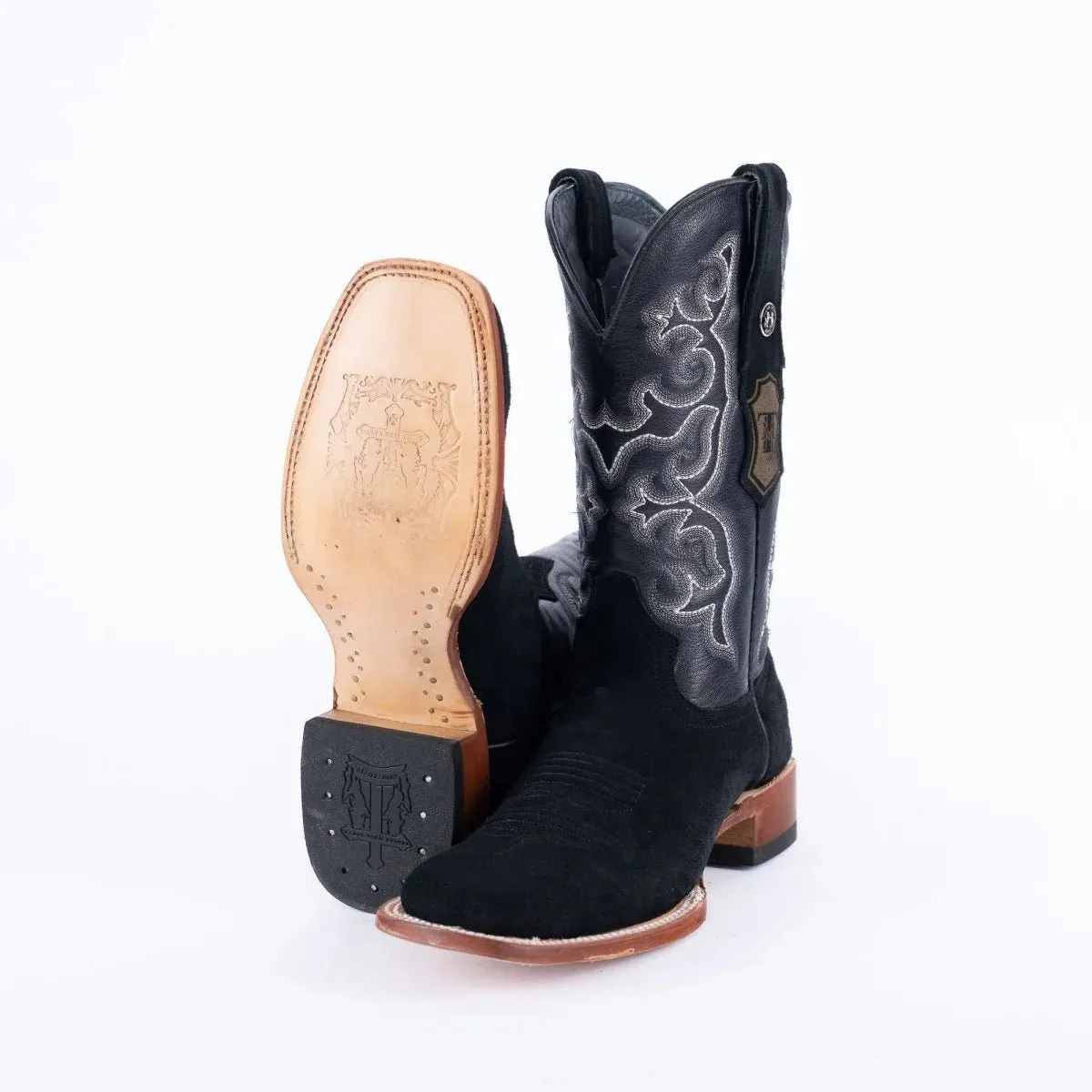 Tanner Mark Men's Square Toe Leather Boots Ruff Out Black