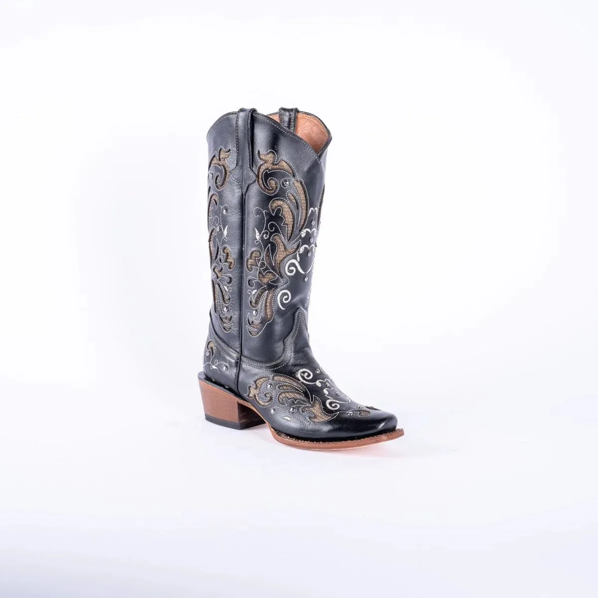 Tanner Mark Women's Hand Tooled Square Toe Leather Boots Black & Gold