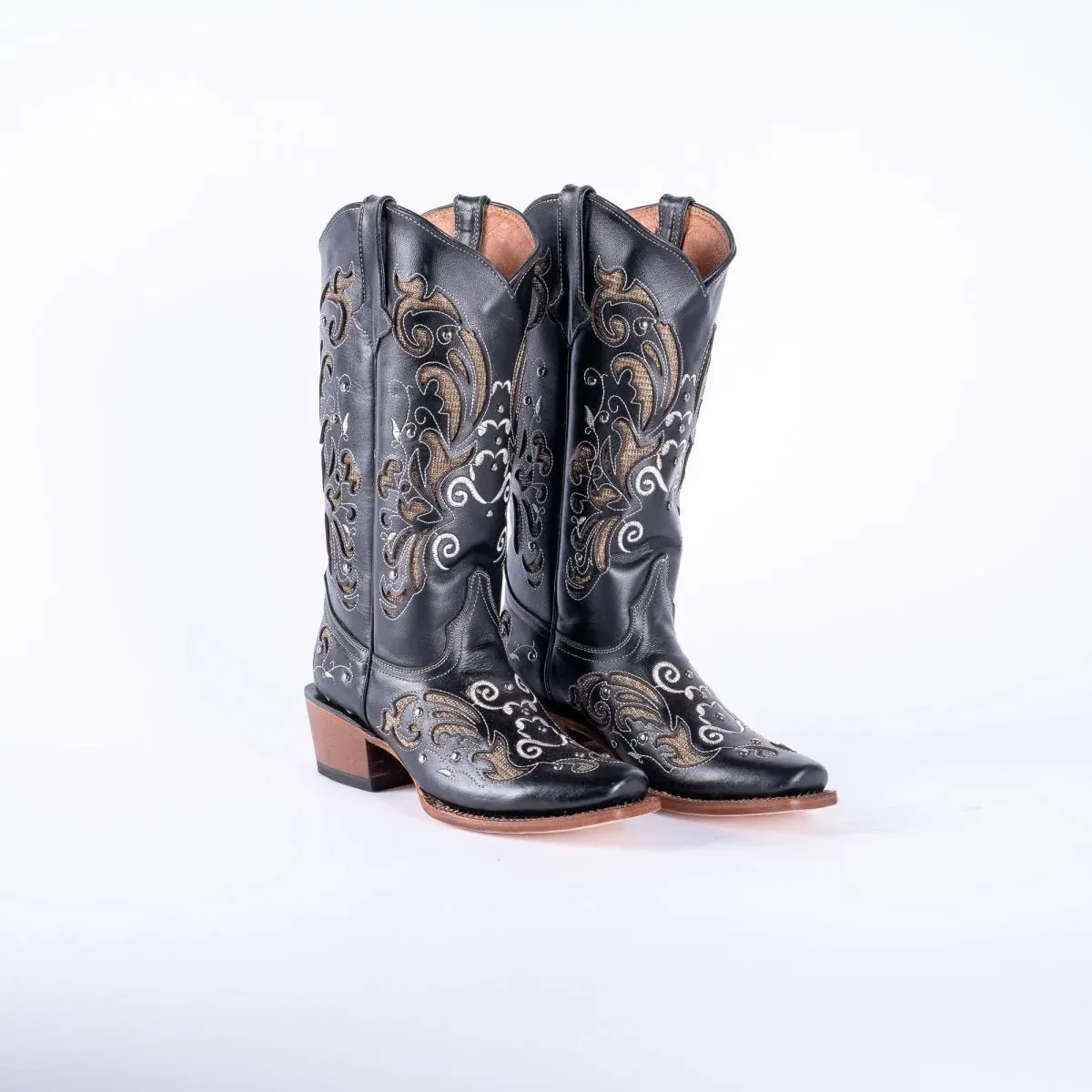 Tanner Mark Women's Hand Tooled Square Toe Leather Boots Black & Gold