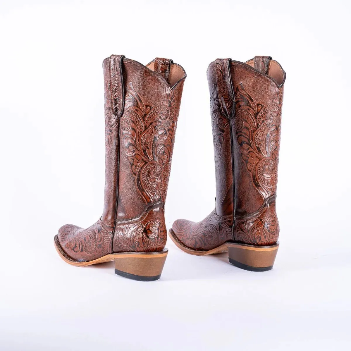 Tanner Mark Women's Hand Tooled Square Toe Leather Boots Cognac