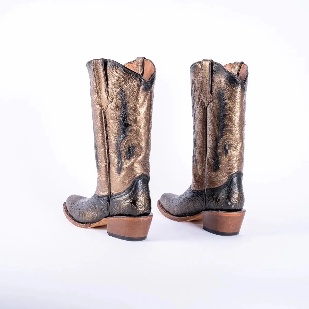 Tanner Mark Women's Hand Tooled Square Toe Leather Boots Gold