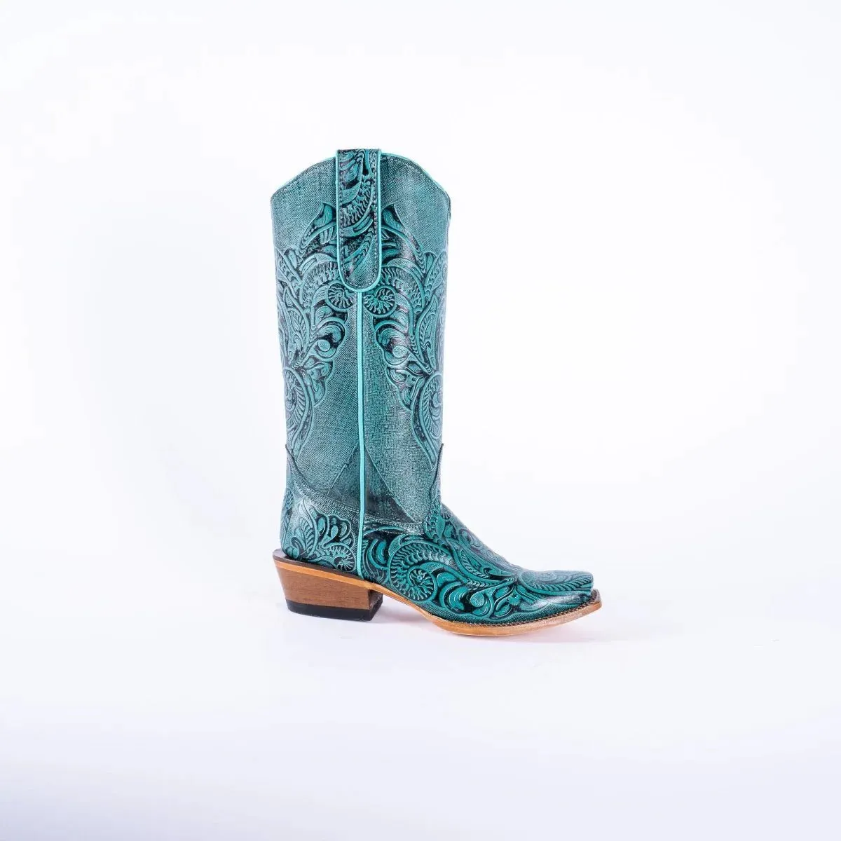 Tanner Mark Women's Hand Tooled Square Toe Leather Boots Turquoise