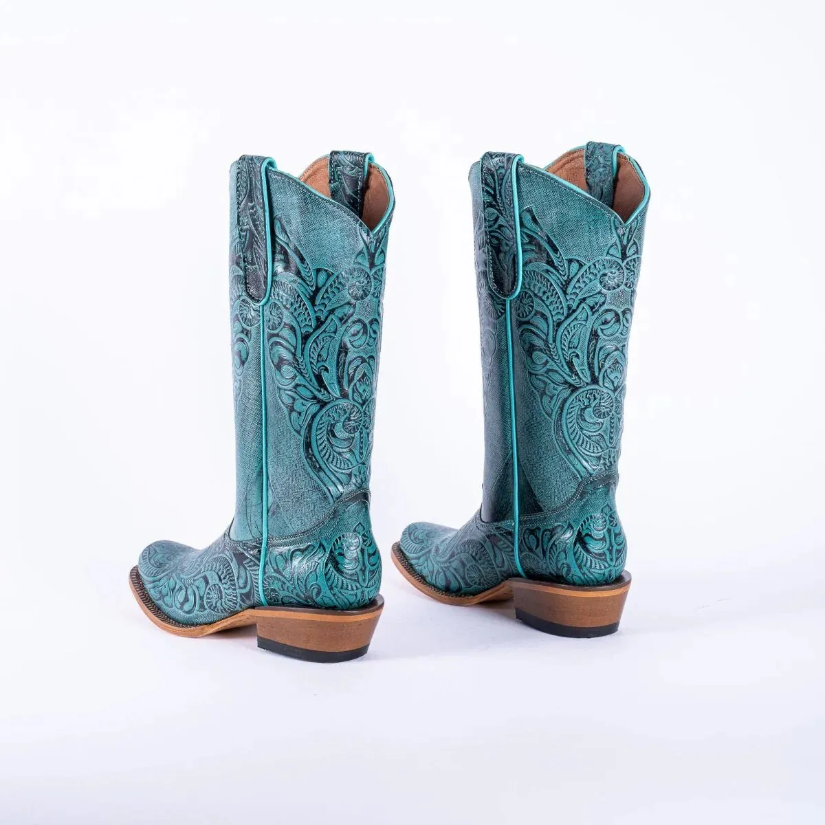 Tanner Mark Women's Hand Tooled Square Toe Leather Boots Turquoise