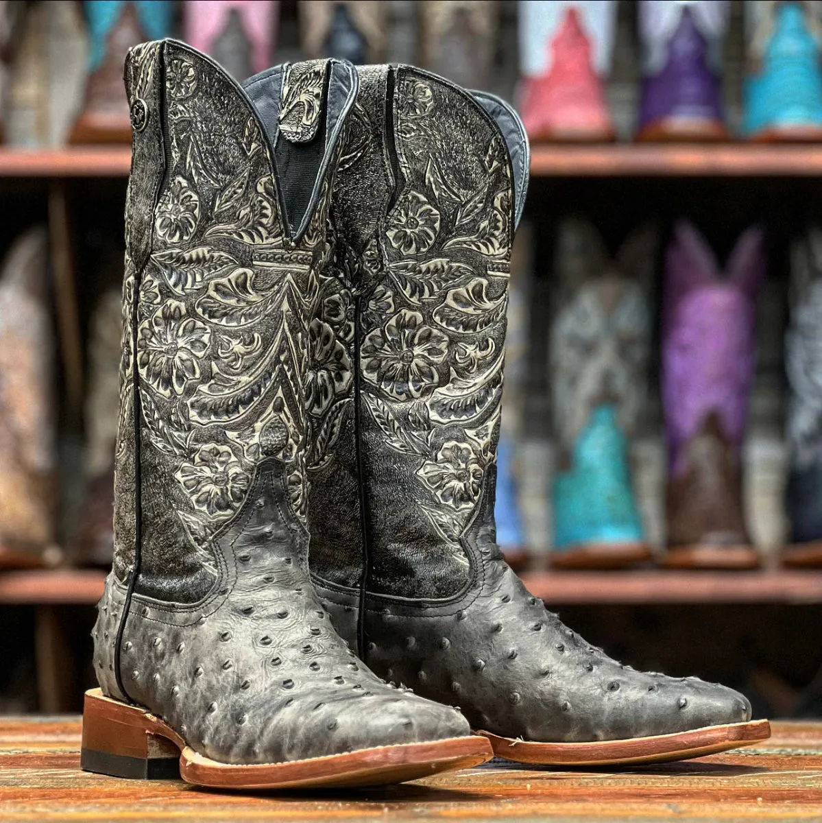 Tanner Mark Women's Ostrich Print Square Toe Boots Black with Grey