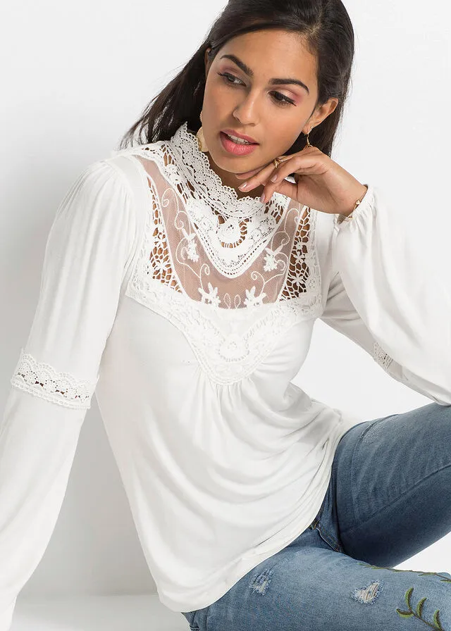 Top con detalle victoriano Blanco lana