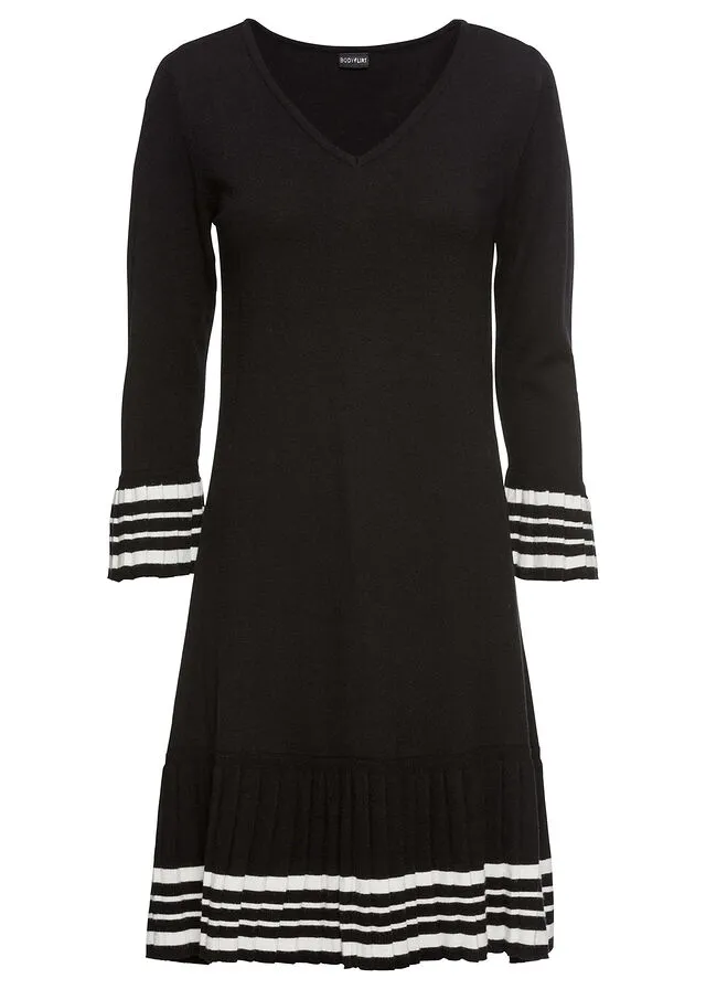 VESTIDO DE PUNTO CON FALDA PLISADA NEGROBLANCO LANA DE RAYAS