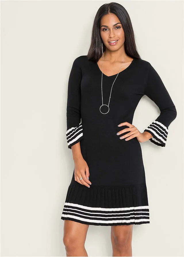 VESTIDO DE PUNTO CON FALDA PLISADA NEGROBLANCO LANA DE RAYAS