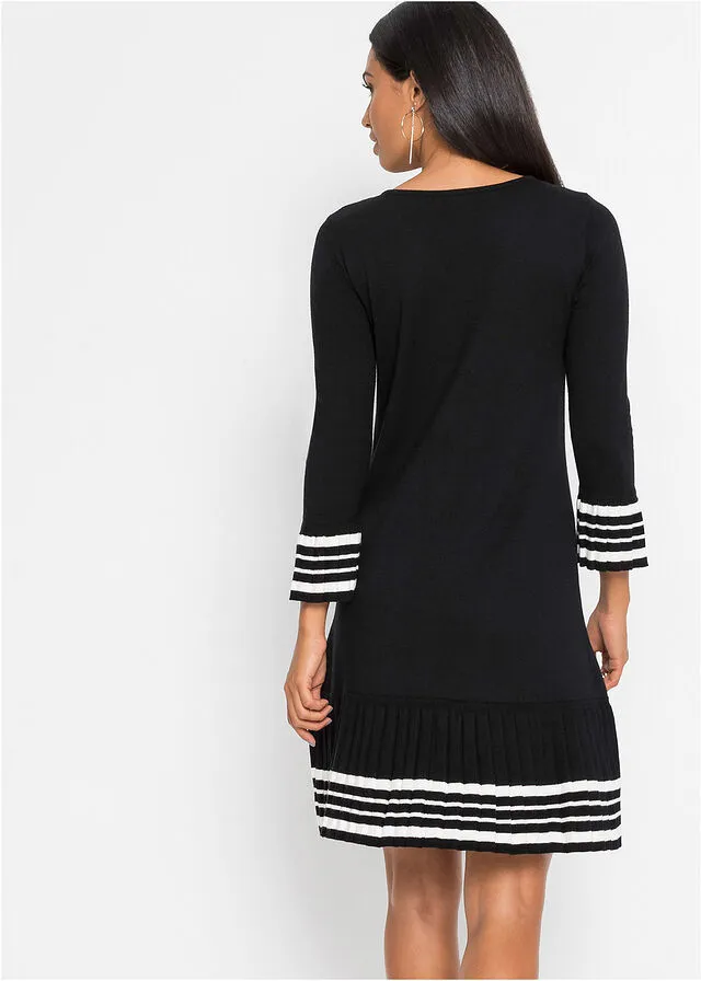 VESTIDO DE PUNTO CON FALDA PLISADA NEGROBLANCO LANA DE RAYAS