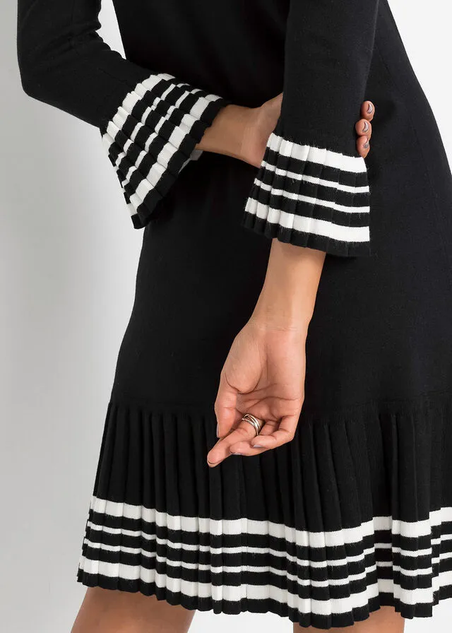 VESTIDO DE PUNTO CON FALDA PLISADA NEGROBLANCO LANA DE RAYAS