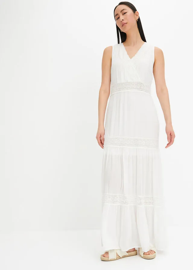 Vestido largo con encaje de viscosa sostenible Blanco lana