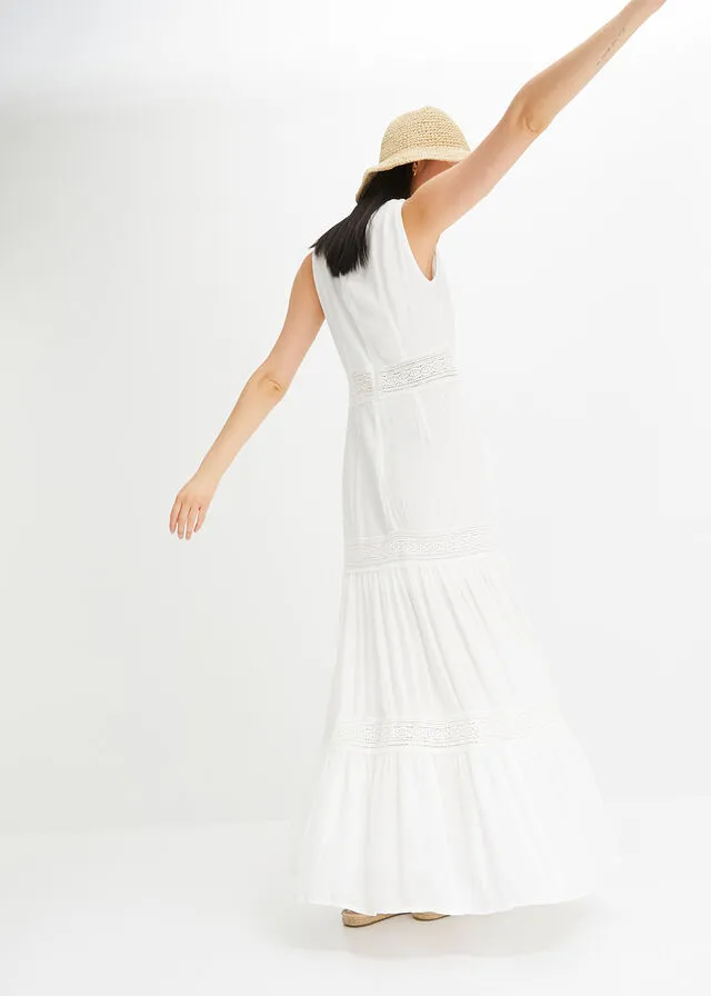 Vestido largo con encaje de viscosa sostenible Blanco lana
