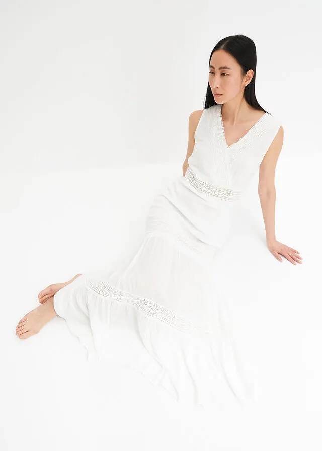 Vestido largo con encaje de viscosa sostenible Blanco lana