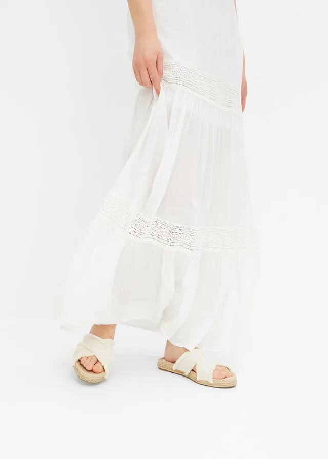 Vestido largo con encaje de viscosa sostenible Blanco lana