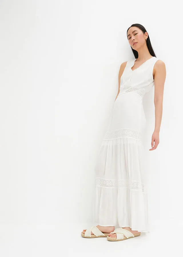 Vestido largo con encaje de viscosa sostenible Blanco lana