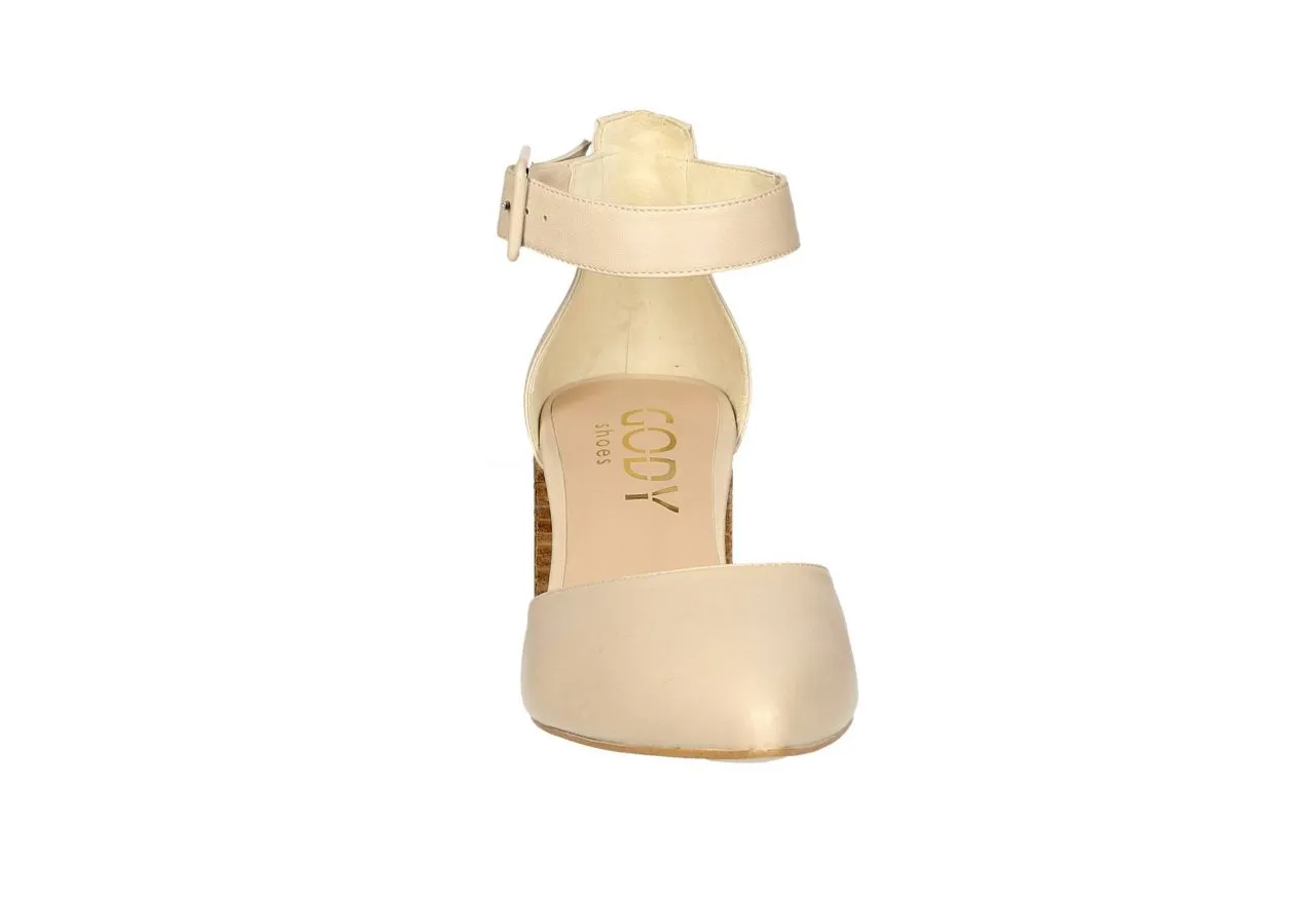 Zapato Abierto Piel Taupe Pulsera Tacon Suela